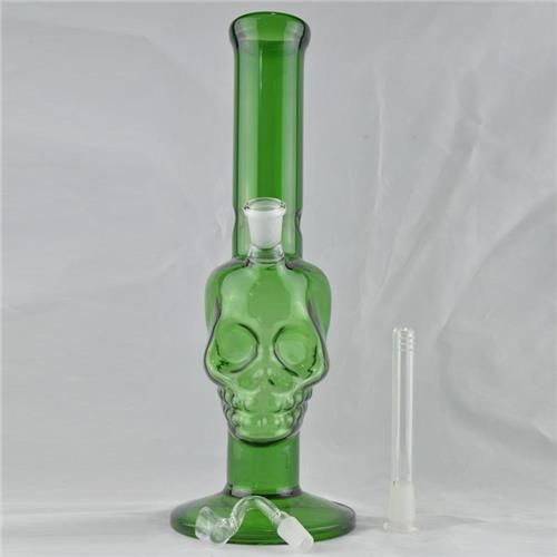 2019 2015 Green Skull Glass Water Pipe Bong 14'' Free Curved Bucket