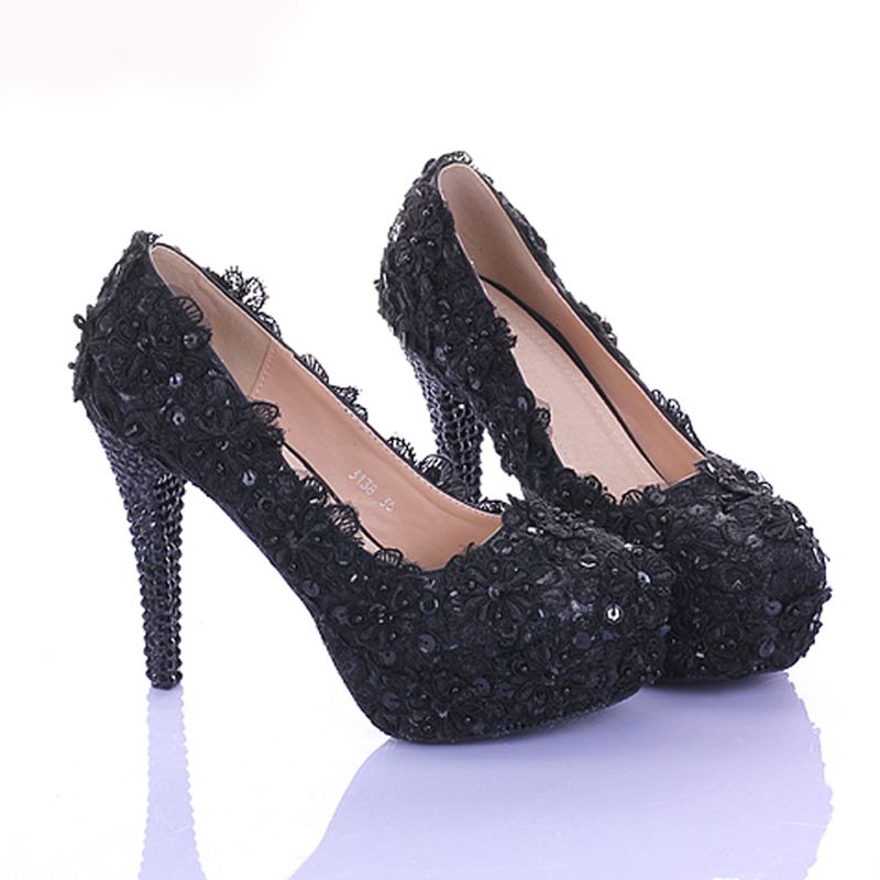 Sorbern Classical Black Lace Flower Wedding Shoes Kitten Heels Slip On Crystals Bridal Shoes For 