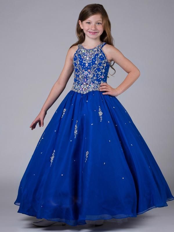 Royal Blue Girl's Pagent Dresses Grils Halter Ball Gown Organza Crystal ...