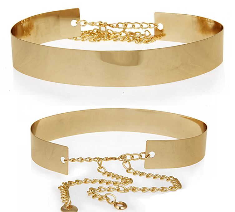Fashion Women Full Gold Metal Mirror Waist Belt Metallic Gold Plate Wide Obi Band With Chains ...