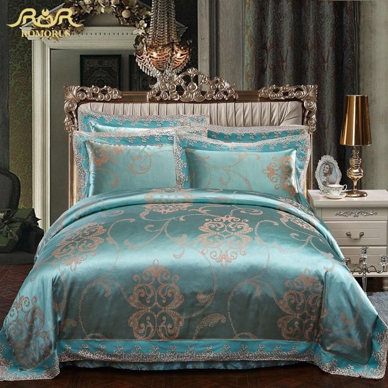Whole Romorus 2018 New Luxury Turquoise Blue Satin Jacquard Whole Romorus 2018 New Luxury Turquoise Blue Satin Jacquard Bedding Sets King Queen Duvet Cover Set 100 Cotton Fundas Nordicas Size Comforter