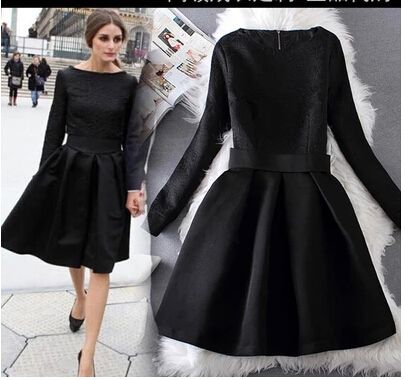 Olivia Palermo Elegant Black Dresses Jacquard Long Sleeve Vintage ...