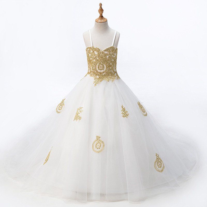 gold and white flower girl dresses