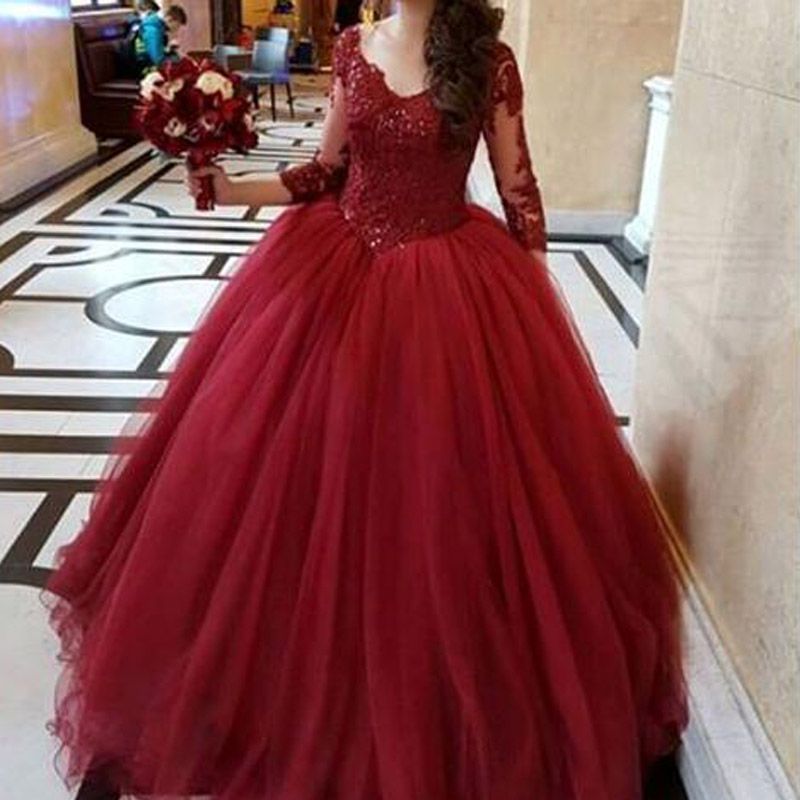 Attractive Burgundy Prom Dresses Ball Gown Prom Dress V Neck Illusion 3/4 Sleeves Beaded Lace