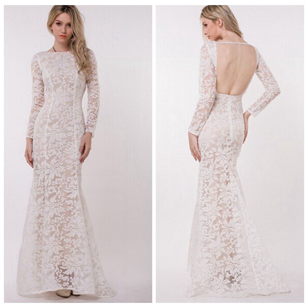 long sleeve white lace gown