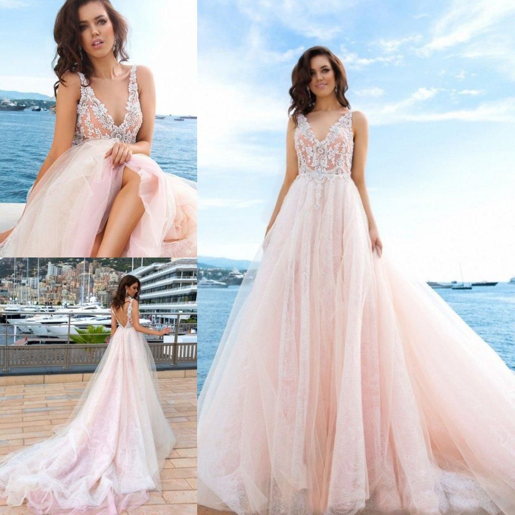 Discount Blush  Pink Lace Wedding  Dresses  2019 Beach  