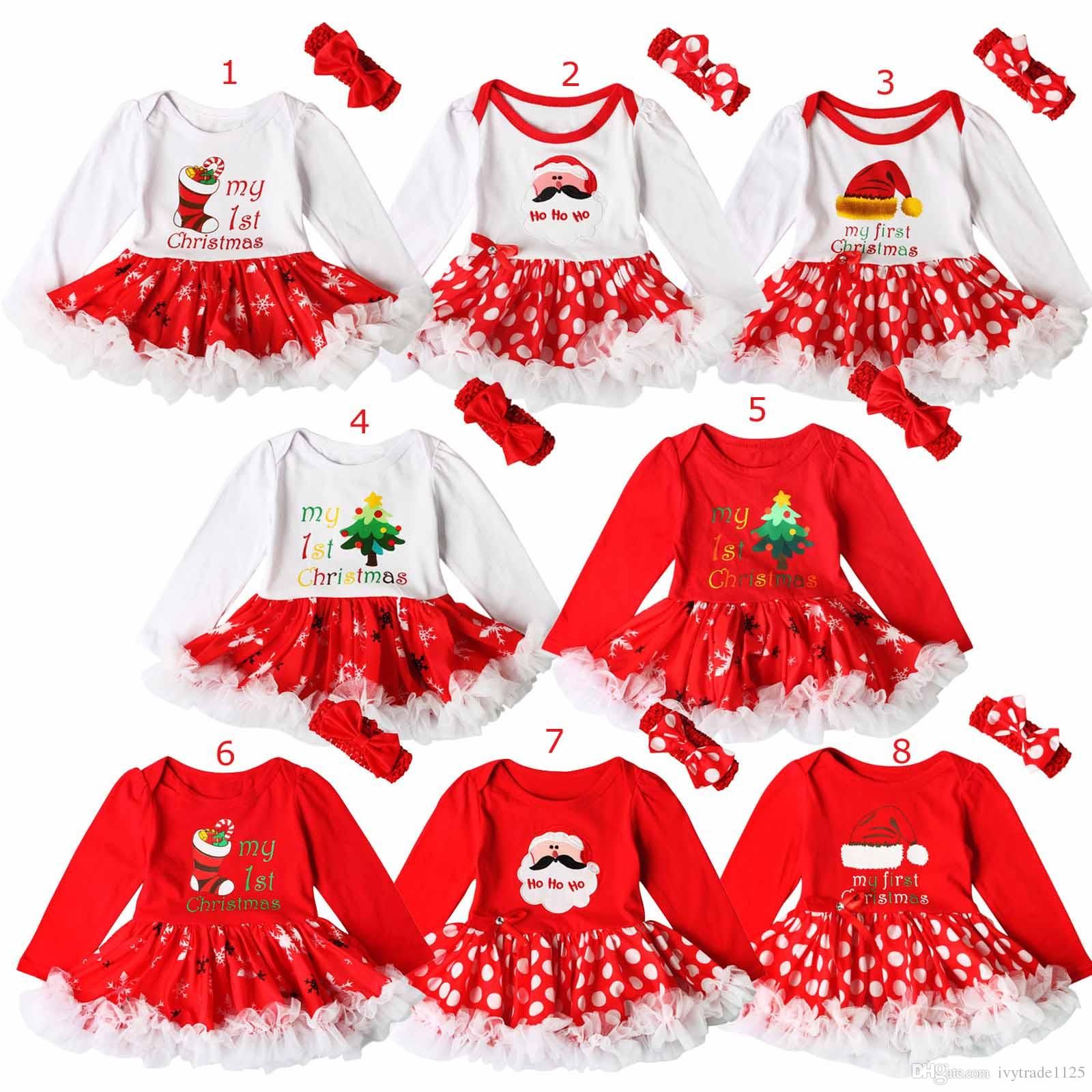 2018 Hot Christmas Party Baby Girl Romper Set Christmas Santa Hat Boot Letter Print Design Long Sleeve Romper Tutu Dress Headband Two Piece Sets From