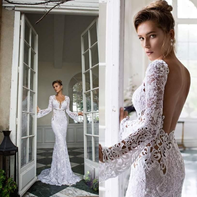 2015 Long Sleeves Lace Wedding Dresses With Sweetheart Open Back Court ...