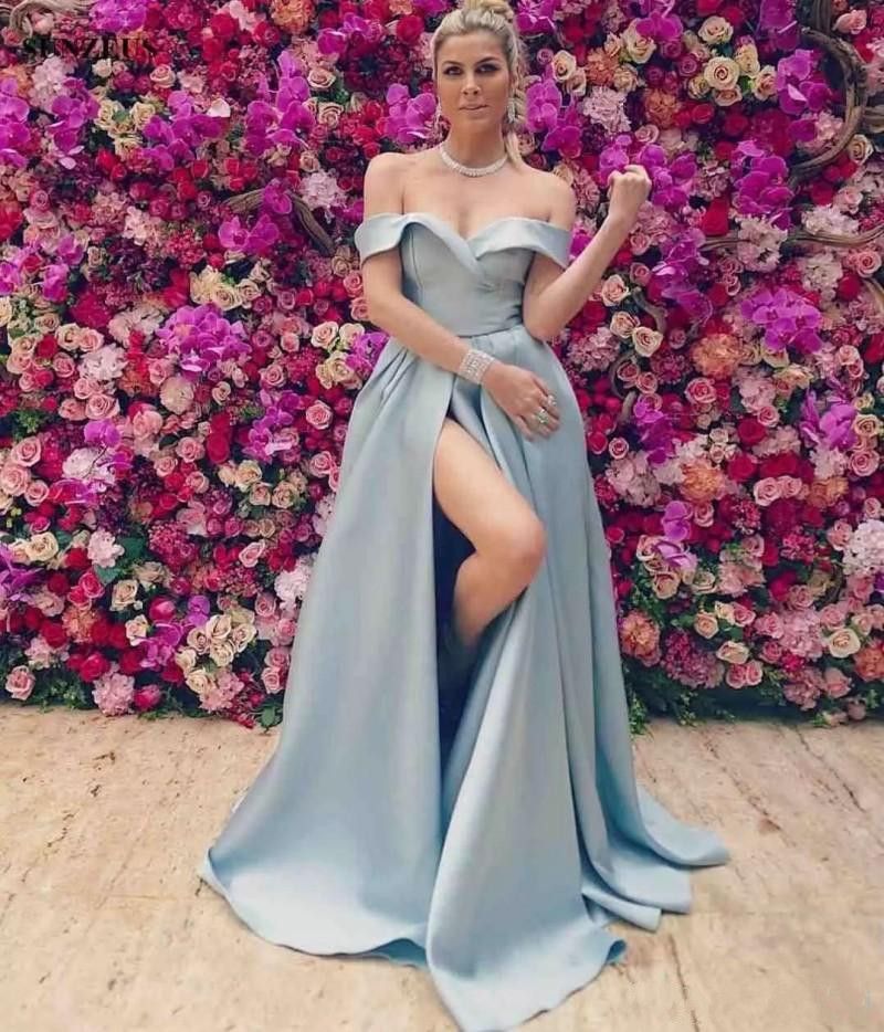 Simple Light Blue Prom Dresses Off Shoulder High Side Slit Party