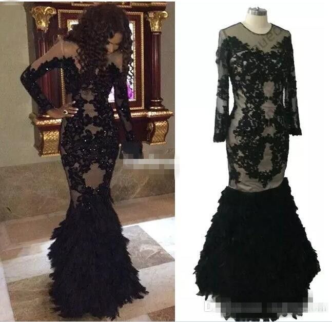 black feather prom dress