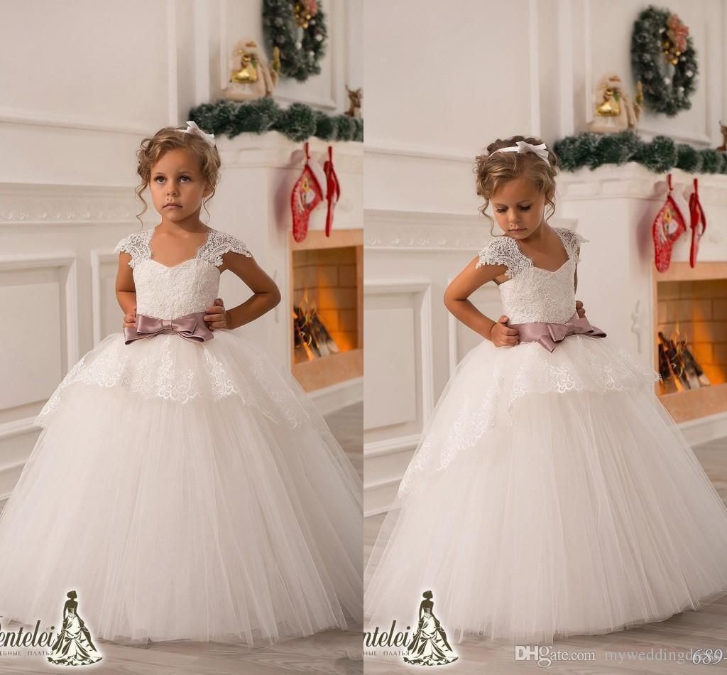 Little Flower Girl Wedding Dresses With Sleeves Kids Girls Lace Pageant ...
