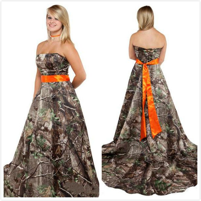 Discount Realtree Wedding Dresses 2015 With Orange Sash Strapless Court