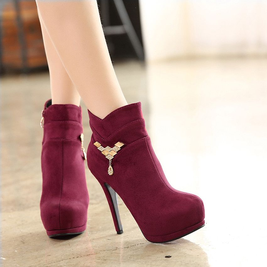 2016 New Burgundy Rhinestone Ankle Boots Women High Heel Shoes Winter ...