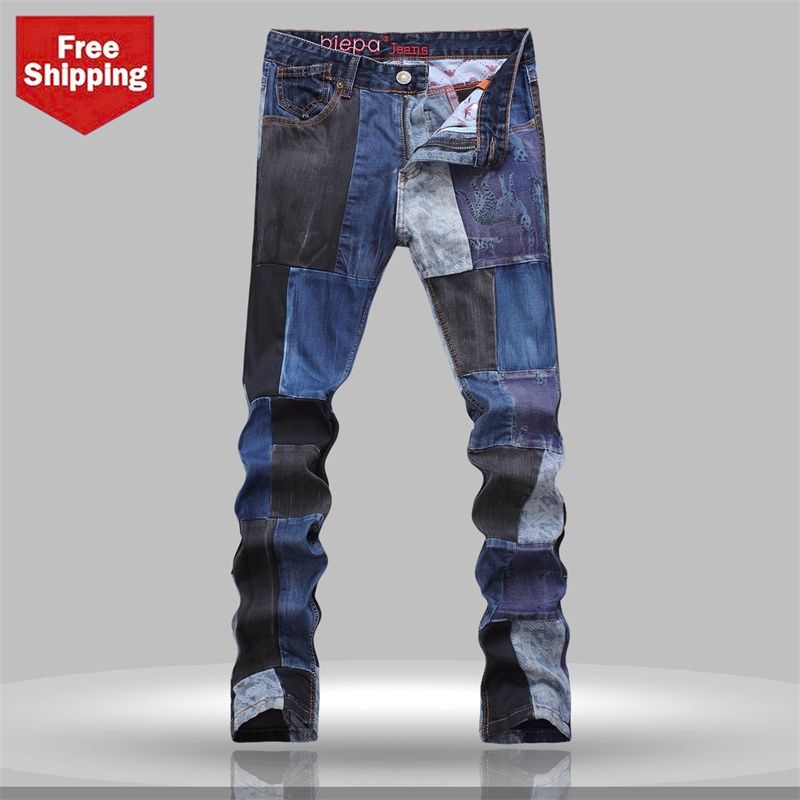 2017 Fitted Men'S Jeans Torn Jeans Vintage Patched Unusual Punk Style ...