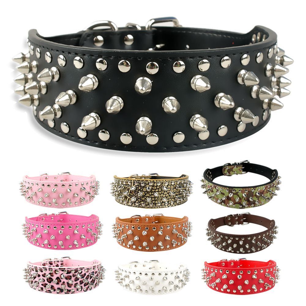 2 Wide Studded Spiked Leather Dog Collars for Pitbull Mastiff Boxer