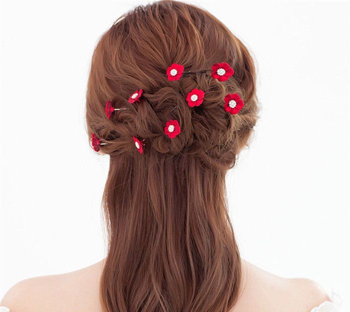 2019 Fashion New Bride Rhinestone Red White Flower Hair Pin For