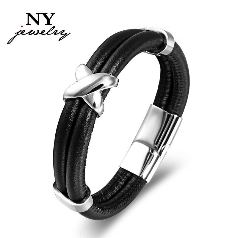 Vintage Men Bracelet Real Leather Mens Bracelet & Bangle Stainless