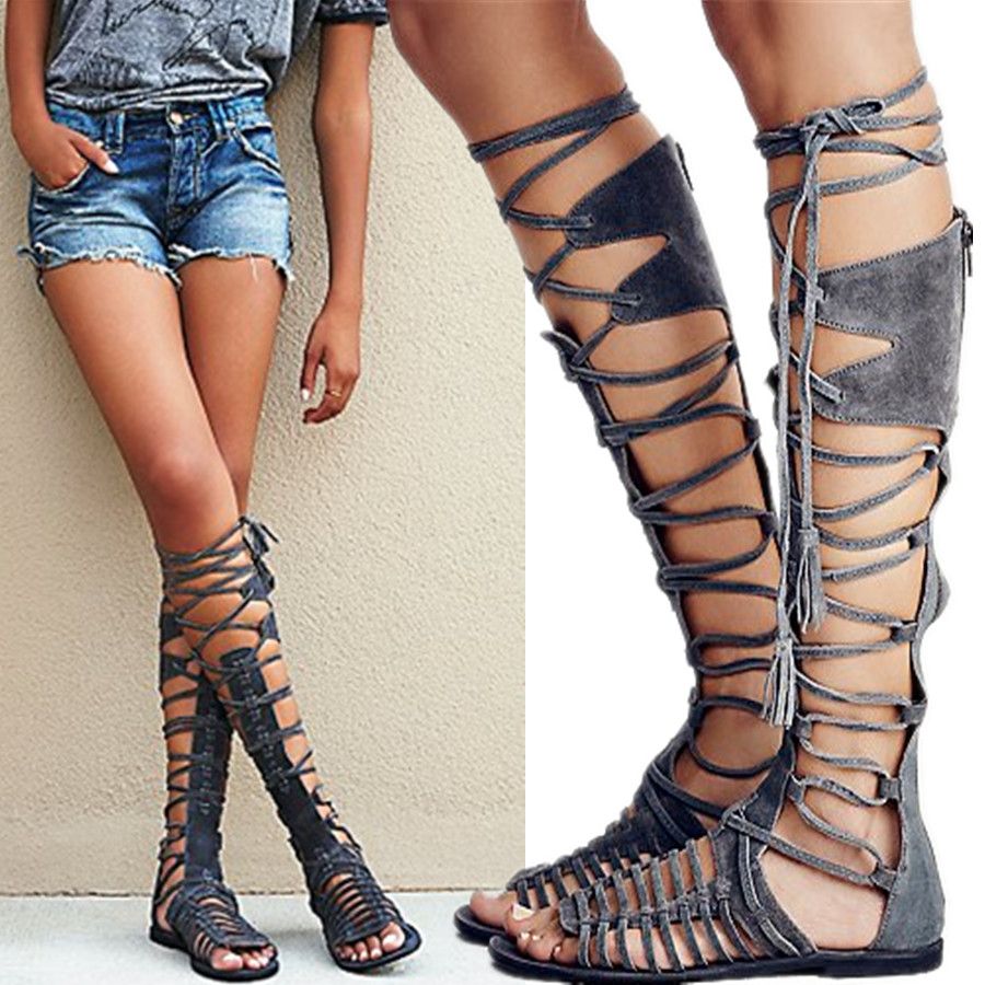 Strappy Flat Knee Stylish Summer Sandals Gladiator Length Beach Y7yf6gIbvm