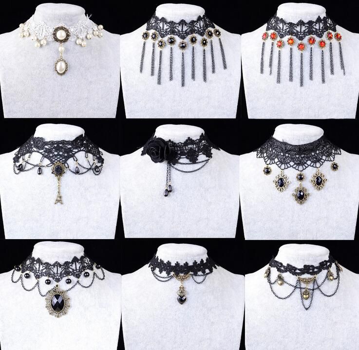 Gothique Dentelle noire Rétro Tour De Cou Col Dentelle Fleur Collier Pendentif Bijoux Ki