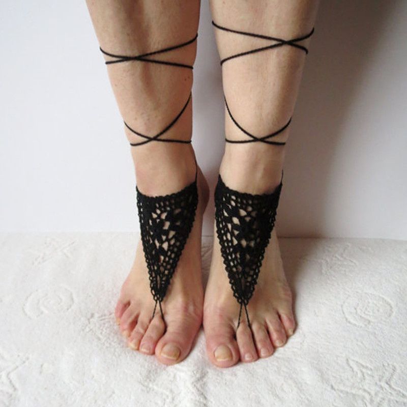 Handmade Black Crochet Barefoot Sandals Beach Wedding Accessory