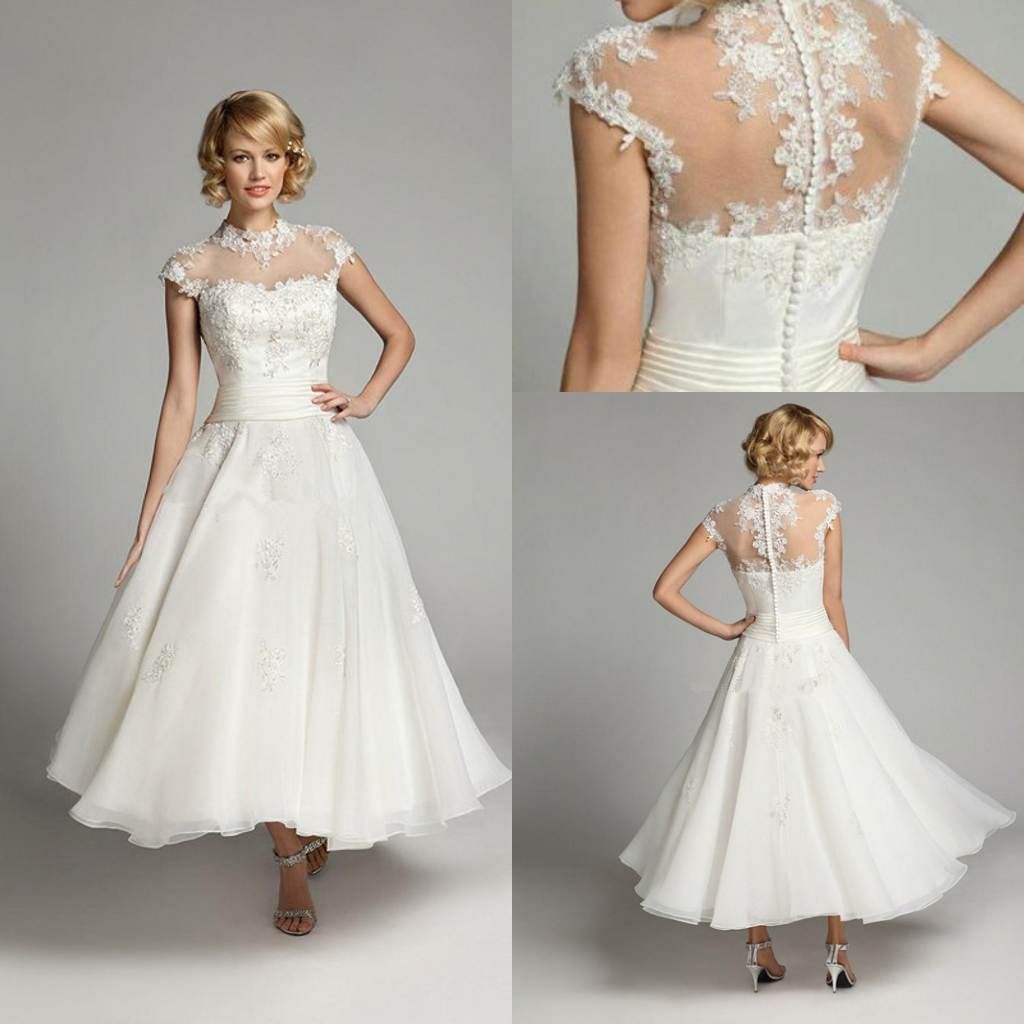 Discount Modest Cheap Short Wedding Dresses Illusion Back Lace Applique