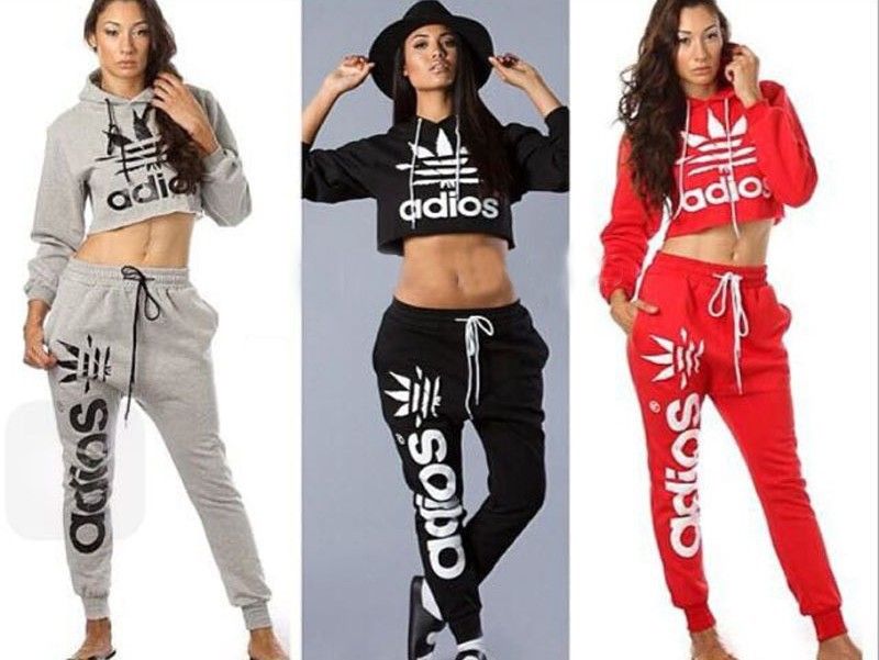 2015 New Sport Suits Women's Crop Top Sweatshirt+Pants Sets Adios Print ...