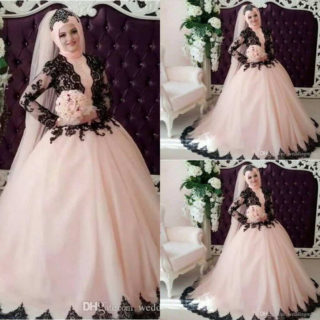 Discount Muslim Wedding Dresses 2016 Spring Black And Pink A Line ...