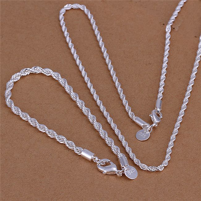 S051 4MM high quality 925 sterling silver twisted rope chain necklace 20inches & Bracelets 8inches Fashion Jewelry Set For Men