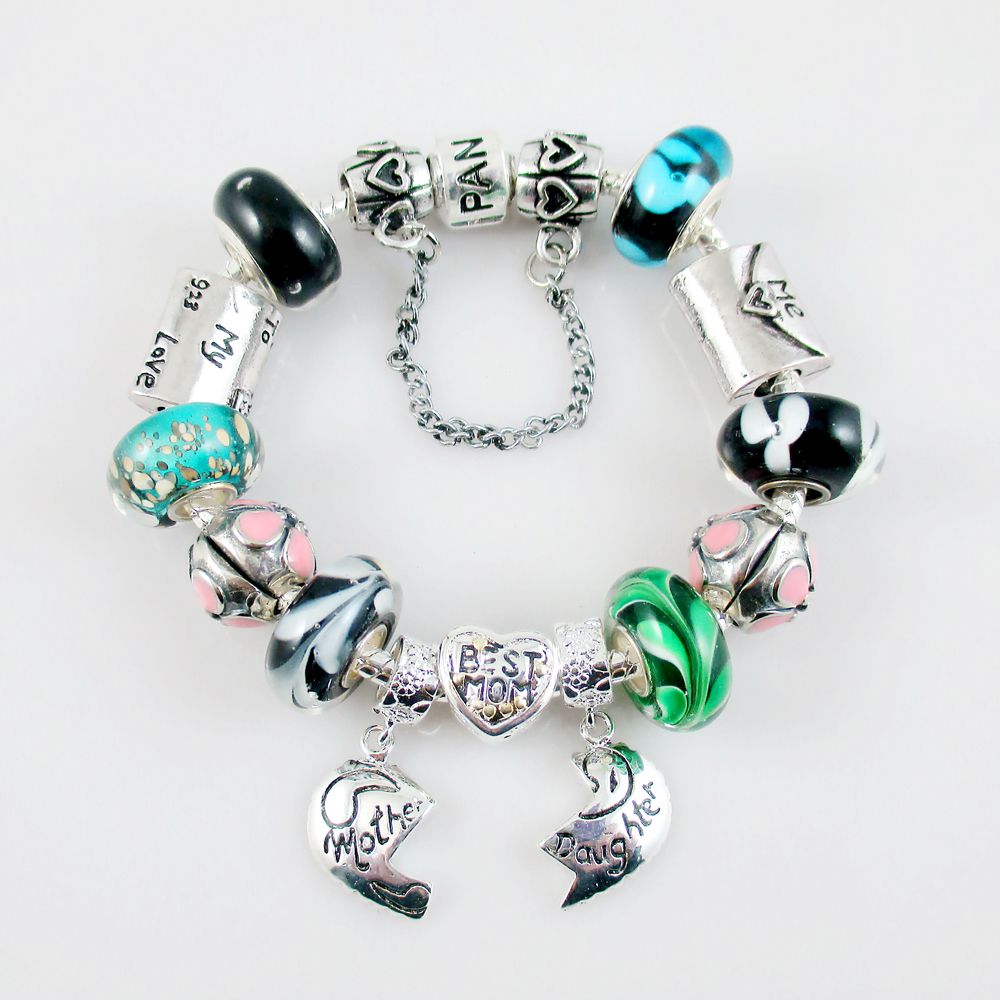 Fits Pandora Charms Mother & Daughter Bracelets Glass Beads With Love