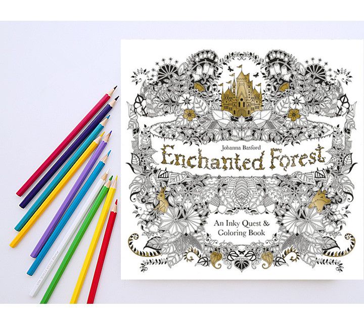 1 Set 12 Water Color Pencils Enchanted Forest Book Adult Stress Relieving Patterns An Inky Quest Coloring