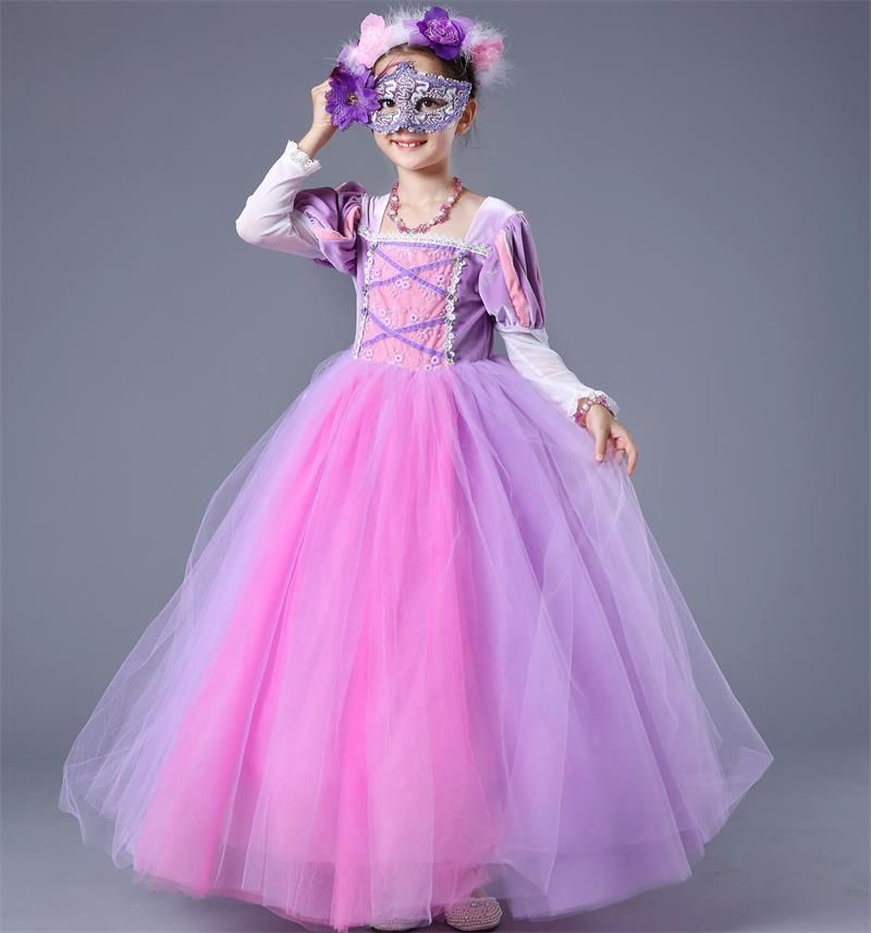 Capas de alta calidad niñas Rapunzel Tangled princesa vestidos de manga  larga Hem Niños de Halloween traje de la Navidad Ropa HH7-216 GDFP #