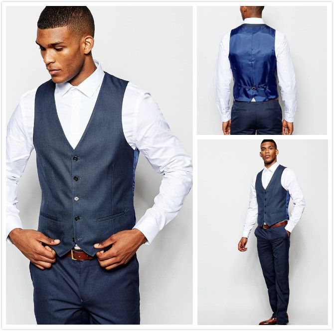 Two Pieces Navy Blue Waistcoat And Pants For Groomsmen With Satin Back ...