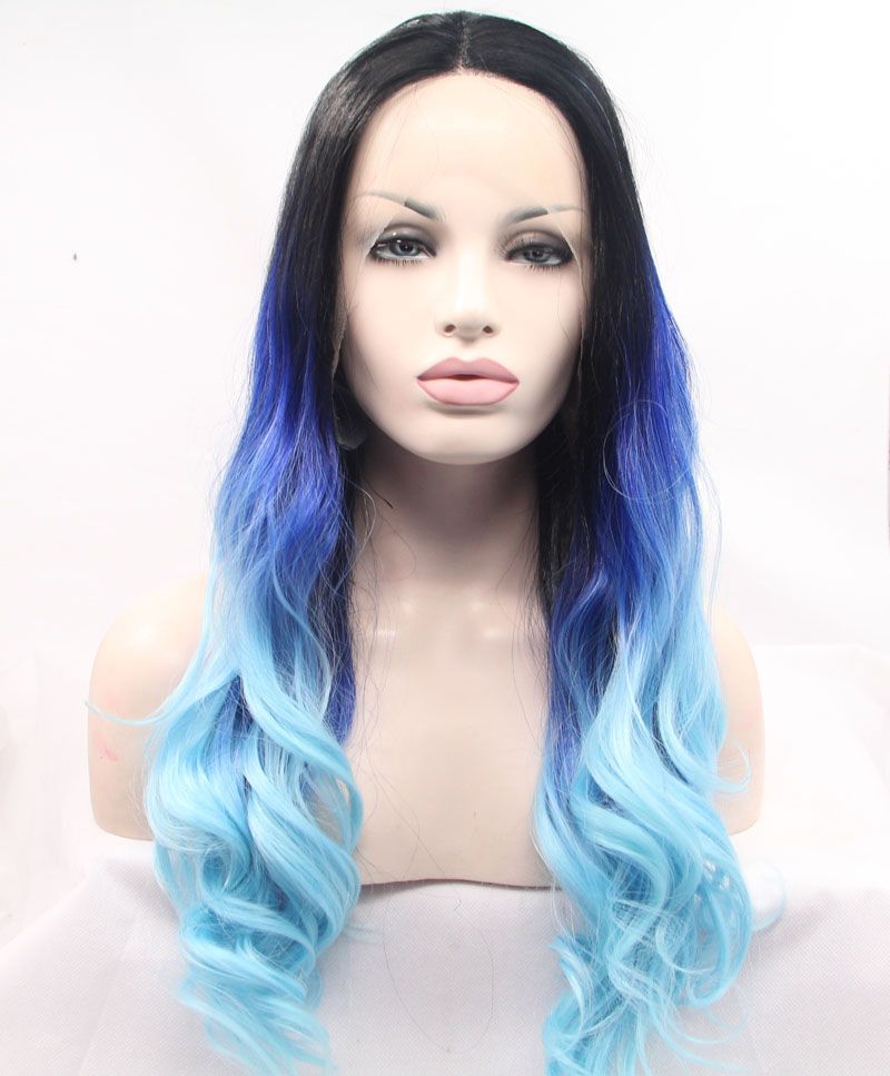 New Arrival Ombre Blue Wigs Body Wave Hair Synthetic Lace Front Wig For