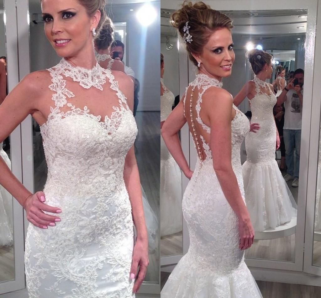 gorgeous mermaid lace wedding dresses halter hollow backless bridal