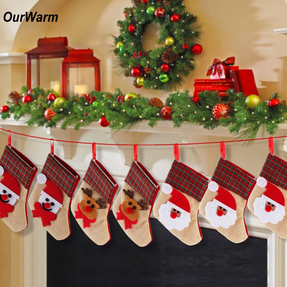 Ourwarm Christmas Stocking Socks Burlap Santa Claus Candy Gift Holders Xmas Tree Hanging Ornament Decoration New Year Gifts Christmas Decoration Sale