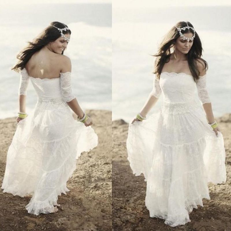 2015 Summer Lace Beach Wedding Dresses Vintage Bohemian Bridal Gowns Strapless Boho Brides Gowns Plus Size Vintage Dress With Short Sleeves
