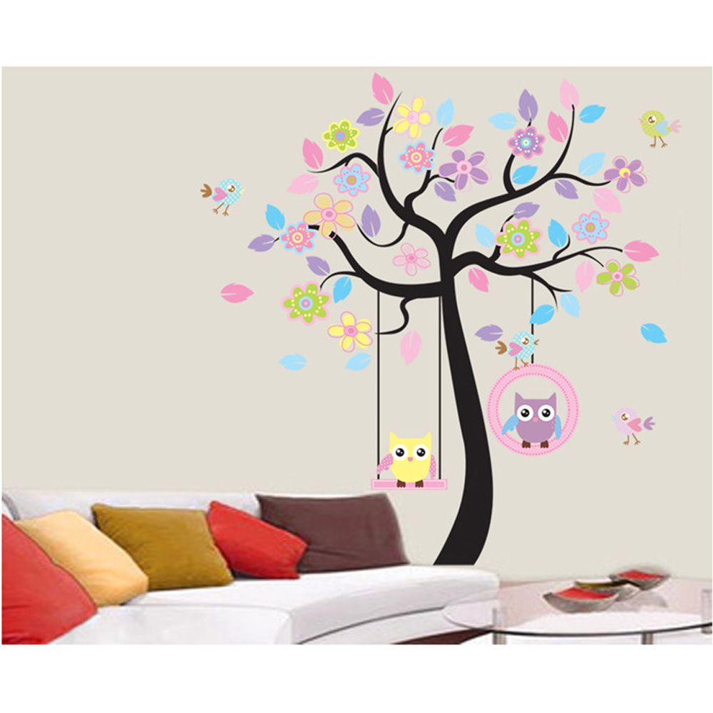 Lovely Cartoon Couple Owl Swing Tree Colorful Removable Wall Sticker