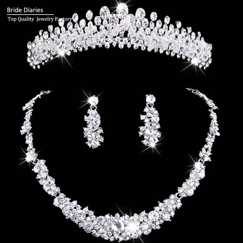 Wholesale Bridal Jewelry Tiara Necklace And Earring Set Crown Tiara Rhinestone Wedding