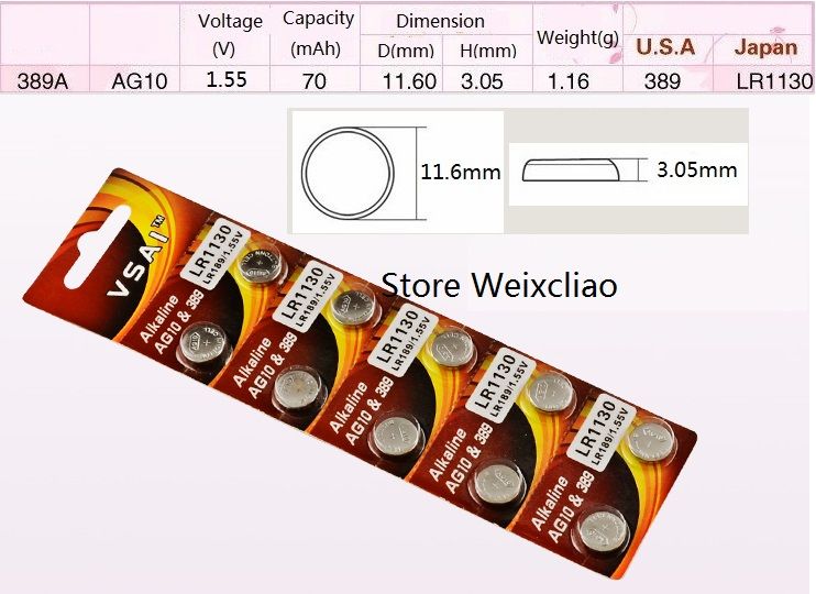 1 AG10 LR54 LR1130 189 389 389A 390 SR1130 L1130 1.55V Alkaline Button Cell Battery Coin
