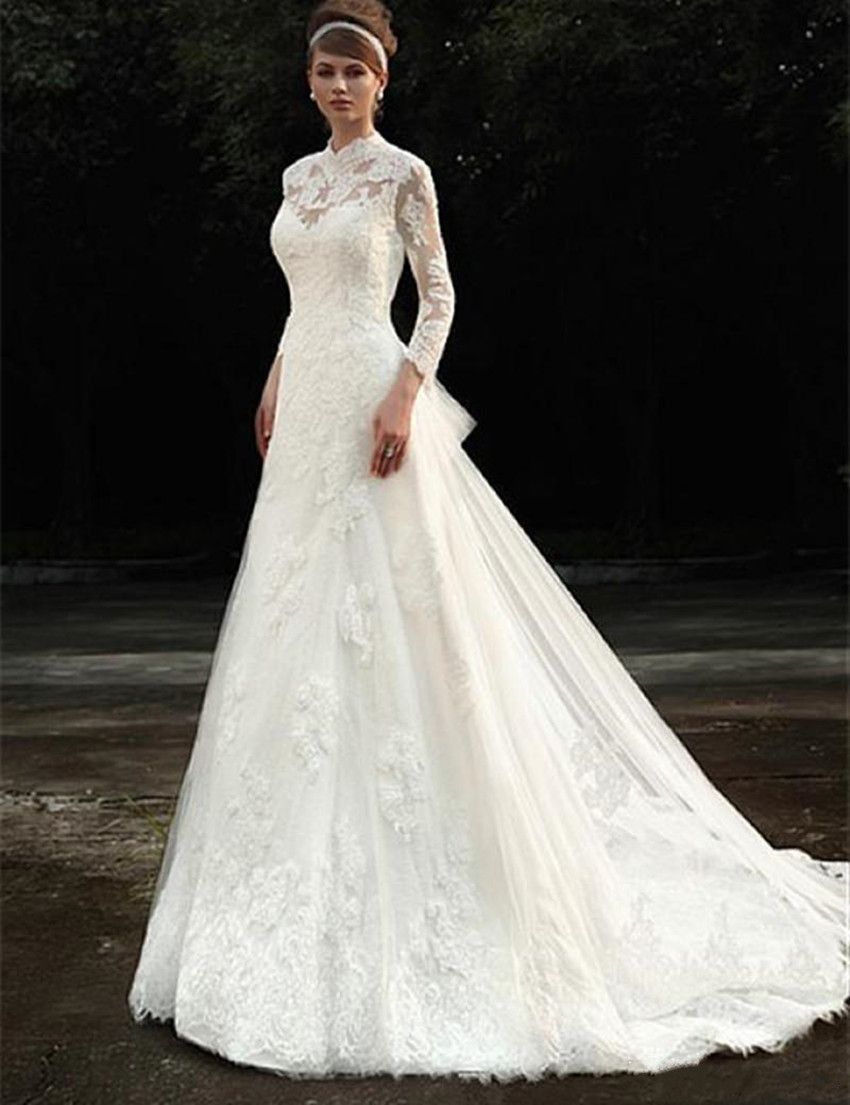 Discount Modest Design Long Sleeve High Neck Wedding Dress 2017 Lace ...