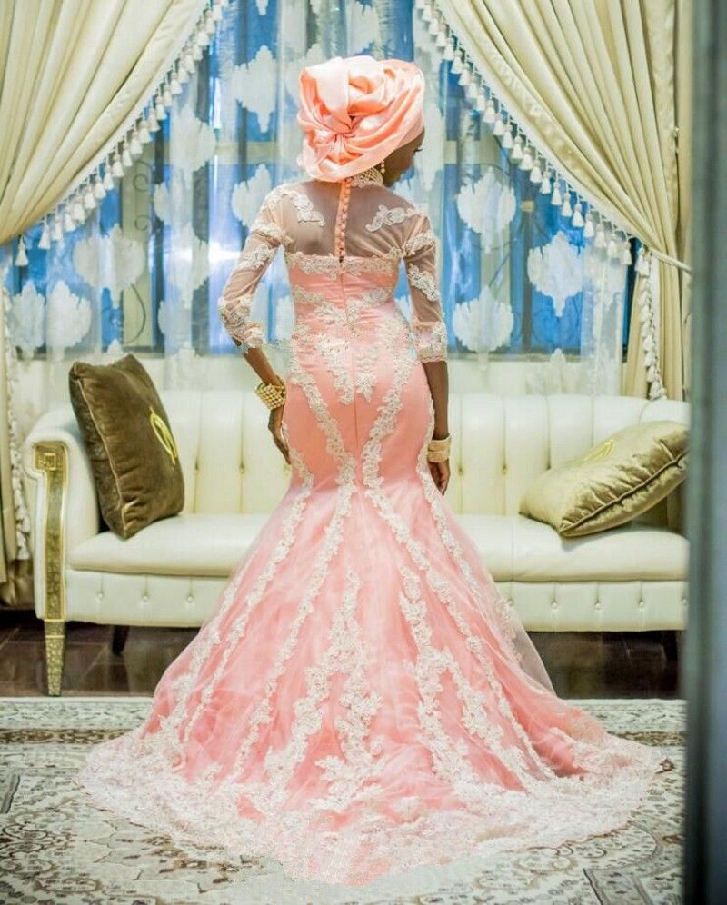 African Style Muslim Mermaid Wedding Dresses With Half Sleeve Appliqued ...