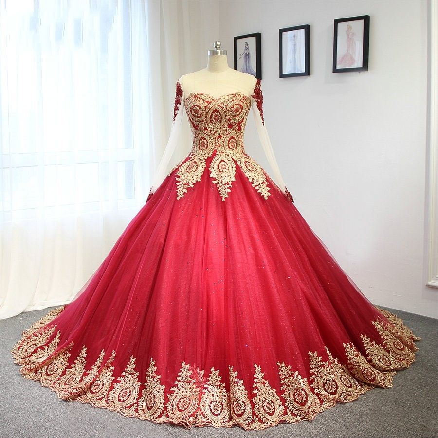 DiscountNew Red And Gold Ball Gown Wedding Dresses With Long Sleeves ...