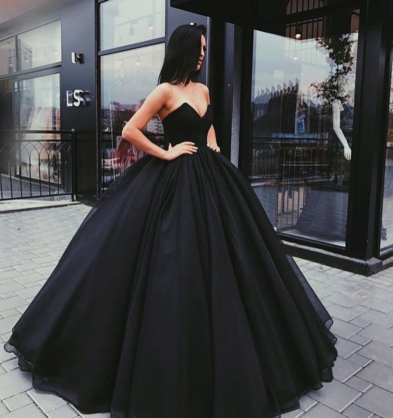 Princess Ball Gown Black Prom Dresses Long Sweetheart Simple Satin ...