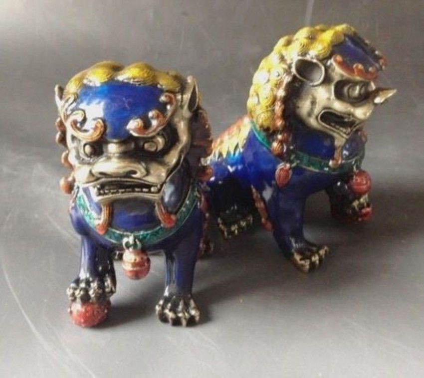 Lion Foo Dog A Pair Chinese Cloisonne Copper Statue