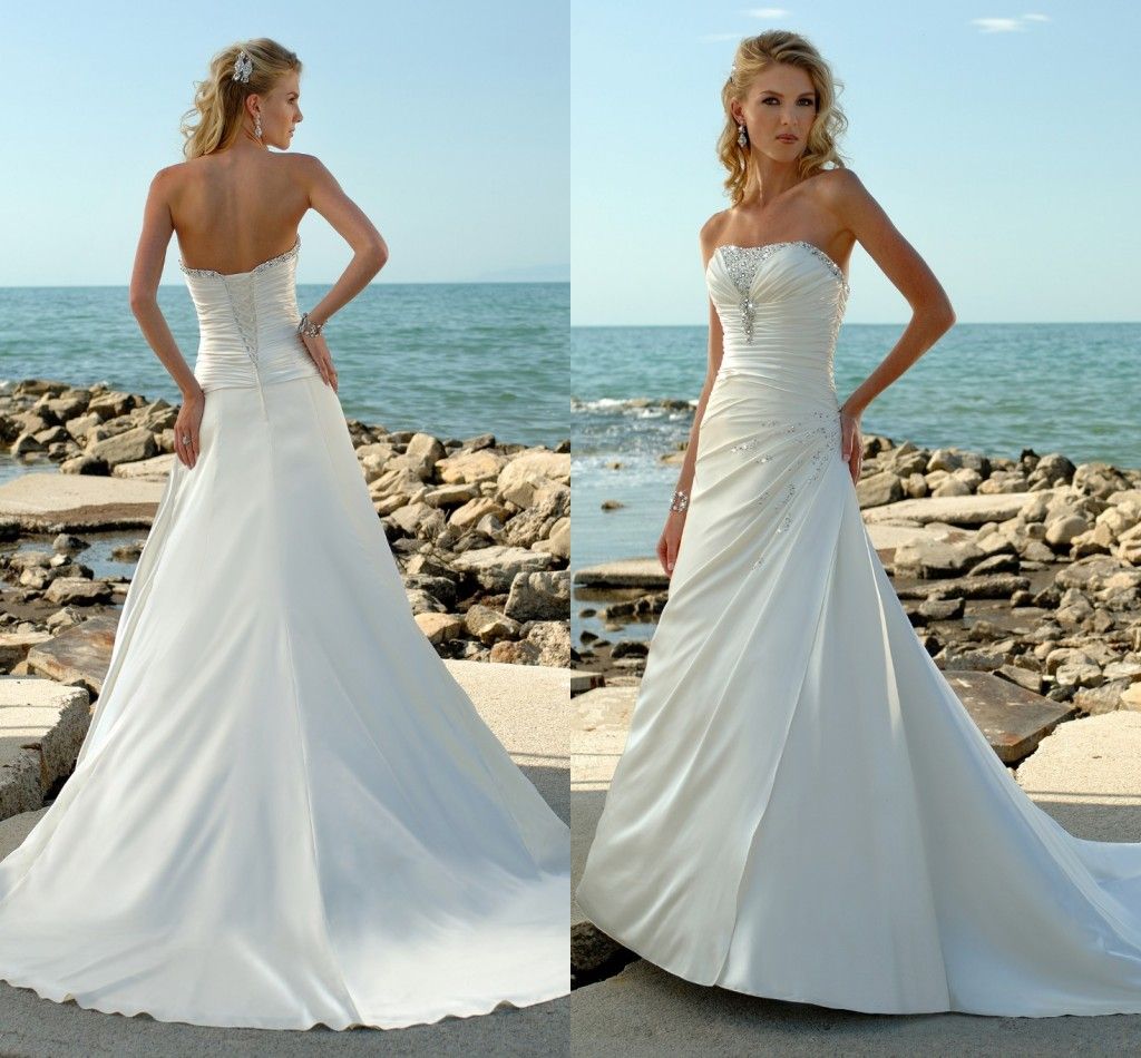 Discount 2016 White Ivory Satin Wedding Dresses A Line Strapless