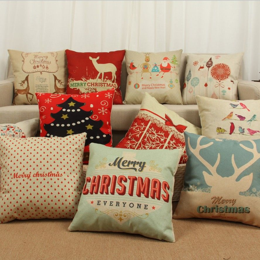 Merry Christmas Pillow Case Linen Cottion Cover Chron Cushistmas Tree Reindeer Pillow Case Christmas Decoration Xmas Pillow Covers Merry Christmas Pillow