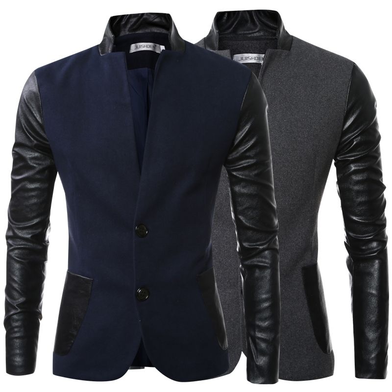 Leather Patchwork Overcoat For Men Stand Collar Wild British Mens Jacket Coat Winter Fashion Pu Outwear Wool Jackets J161023