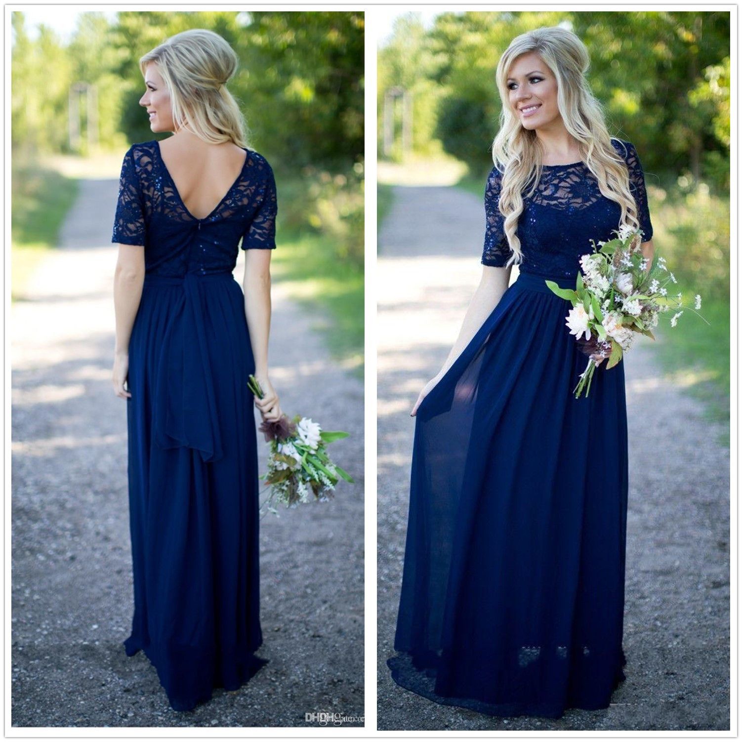 Navy blue long sleeve dress lace shoes