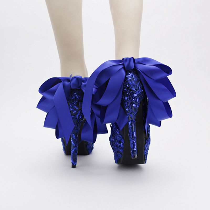Mavi Renk Dantel Düğün Ayakkabı Payetli Glitter Gece Kulübü Güzel Saten Yay Kadınlar Balo Ayakkabı Parti Mavi Elbise Ayakkabı Pompalar