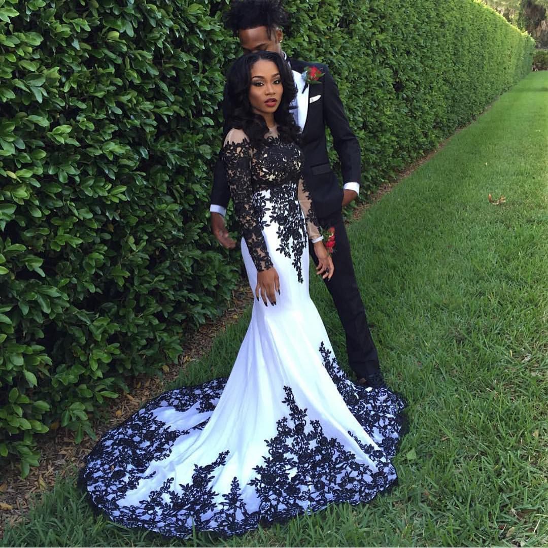 2019 Prom Dresses Black And White Long Mermaid Prom Evening Dress Lace ...